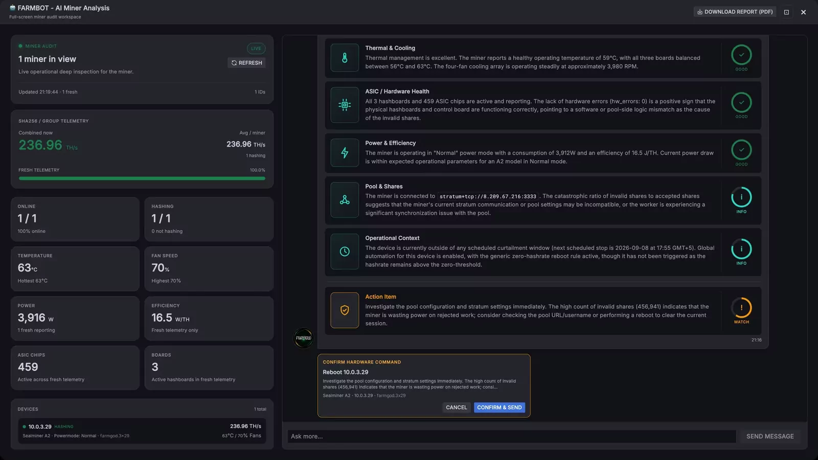 The AI Cockpit with its findings for one miner