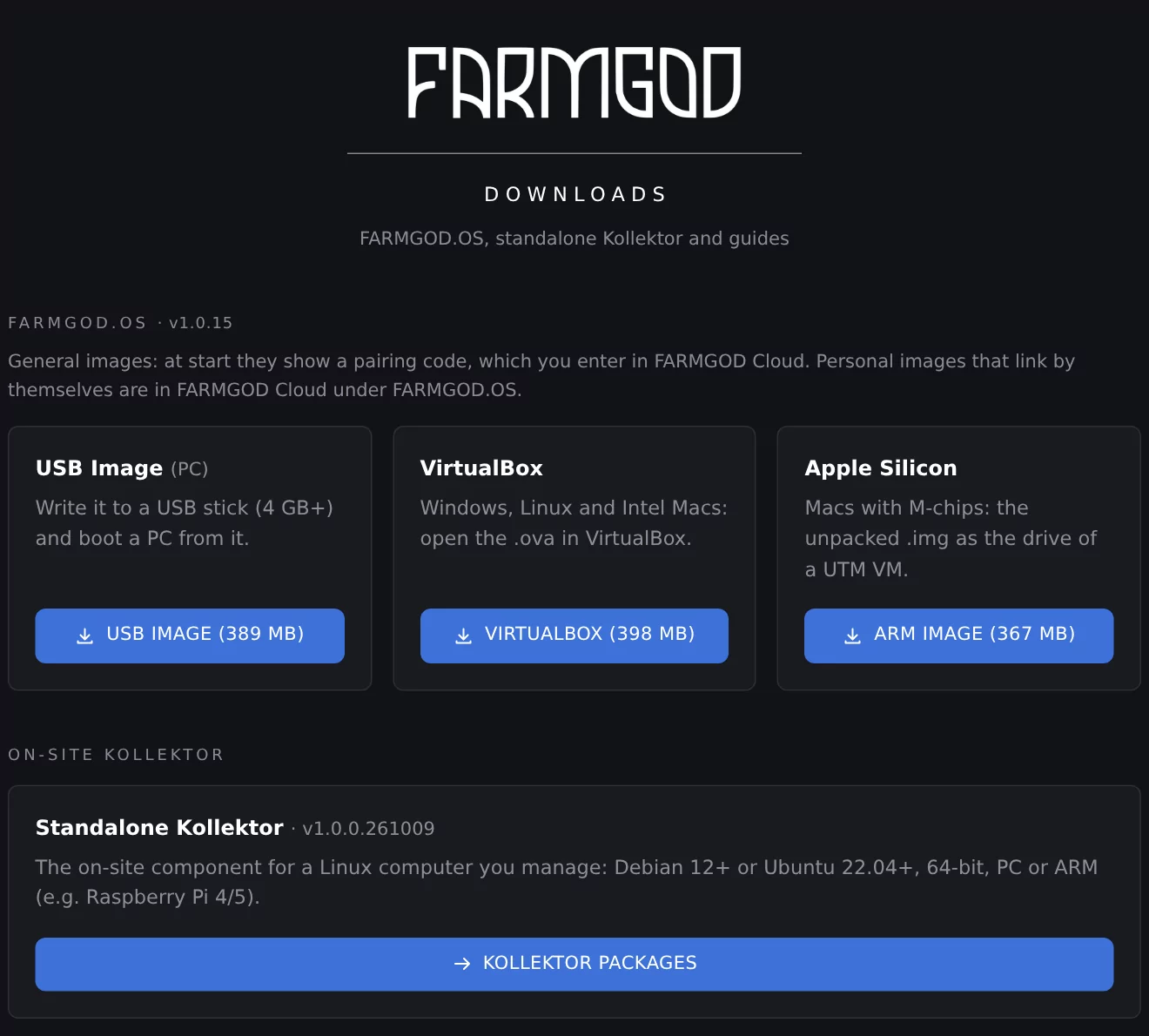The download page: FARMGOD.OS, the Kollektor and the guides