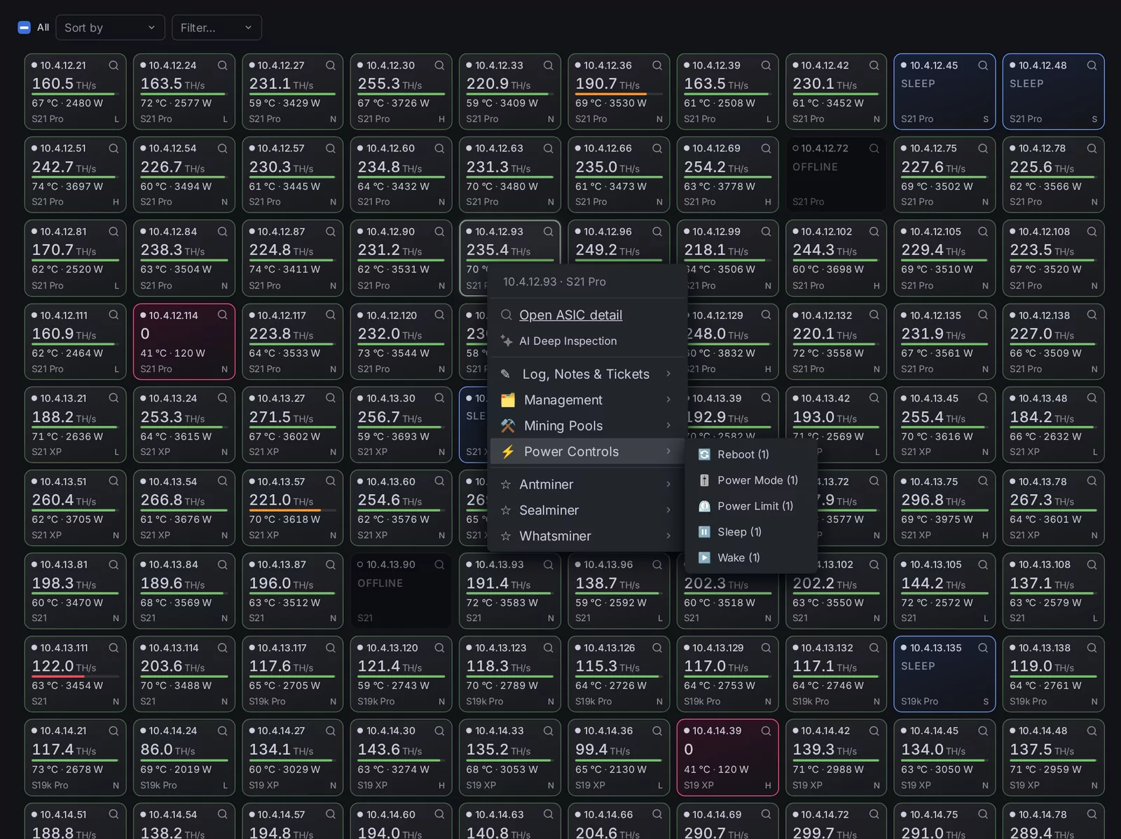 A right-click on a tile: the miner's actions, with the power controls open