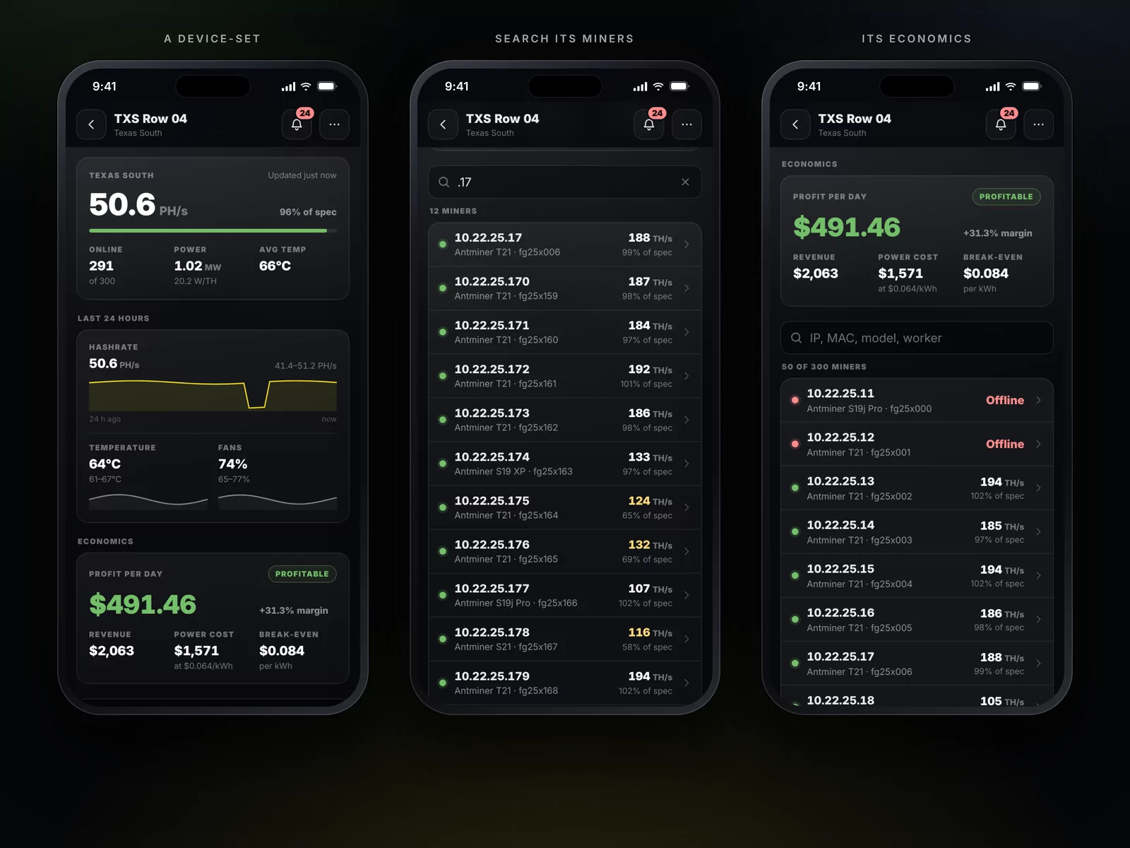 A Device-Set: its page, a search in its miners, its economics