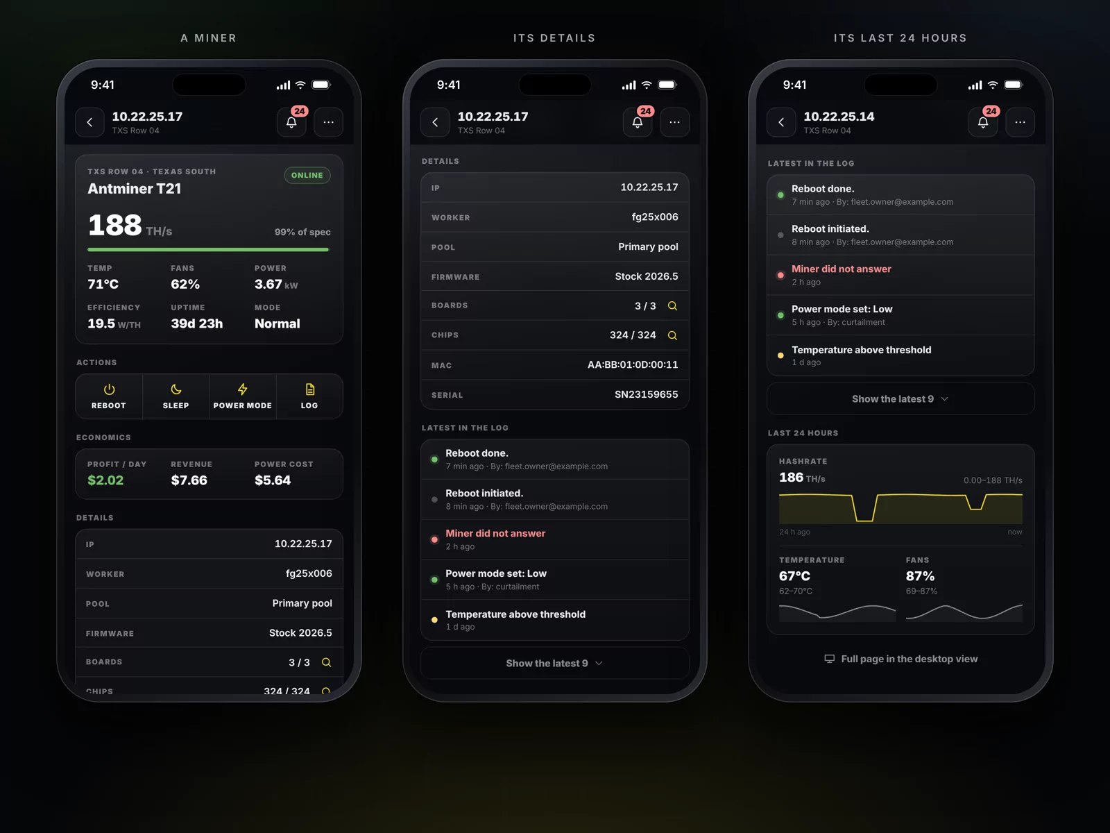 A miner: status and actions, details and log, its last 24 hours