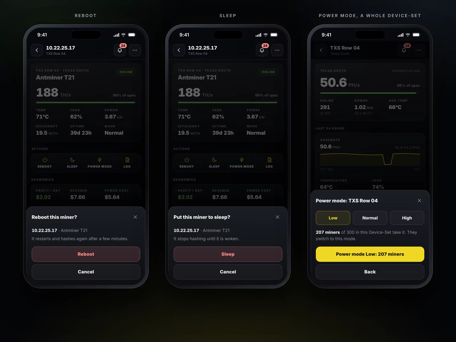 Every action asks first: reboot, sleep, and a power mode for a whole Device-Set