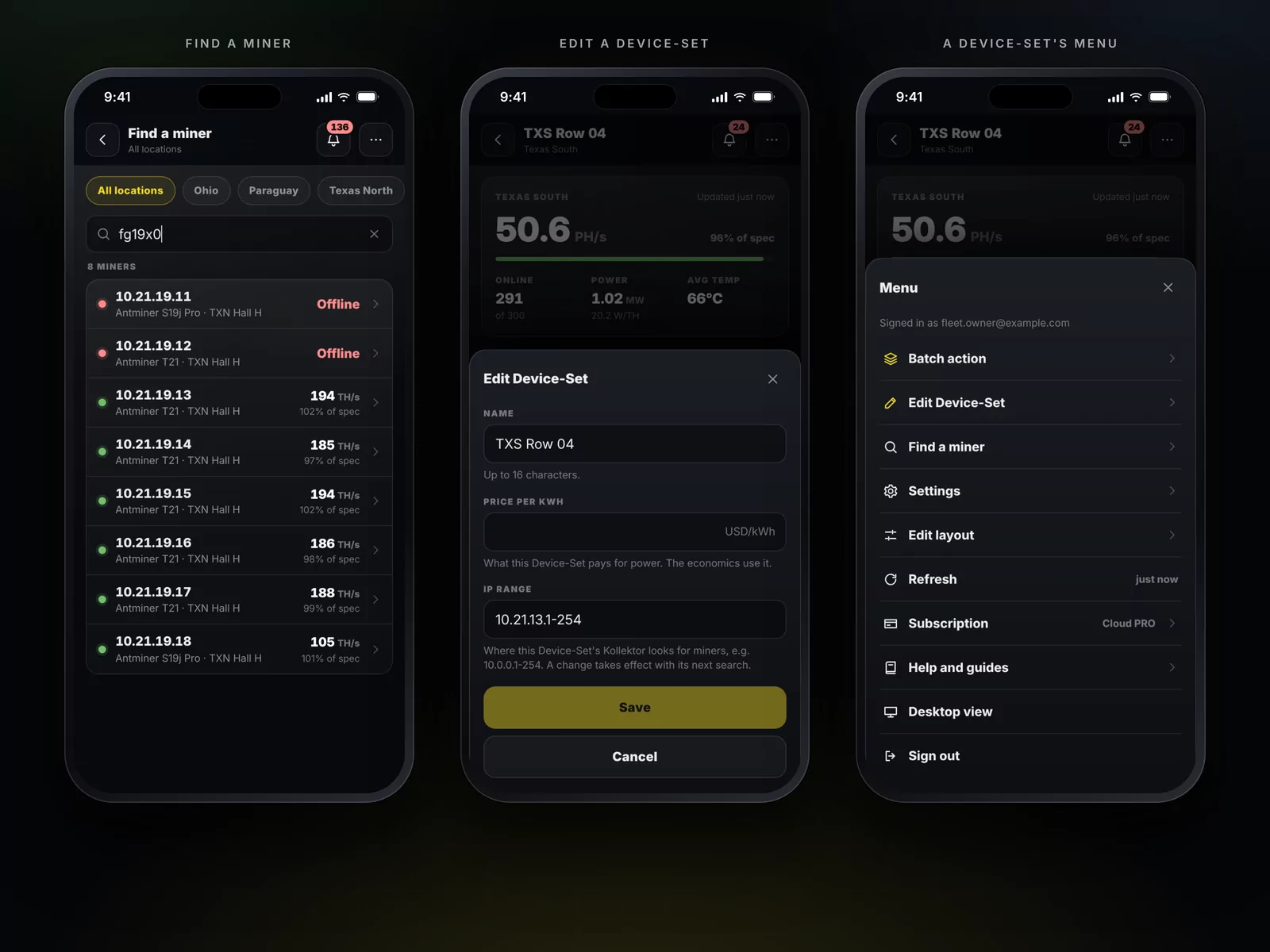 Find a miner, edit a Device-Set, and a Device-Set's menu