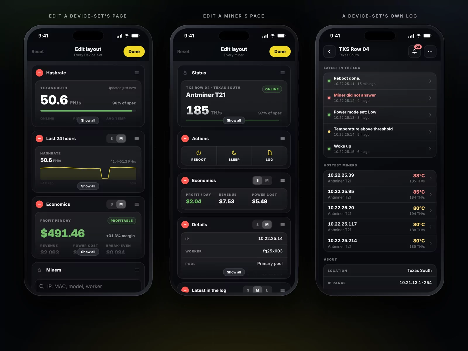 Edit layout on a Device-Set's page and on a miner's page