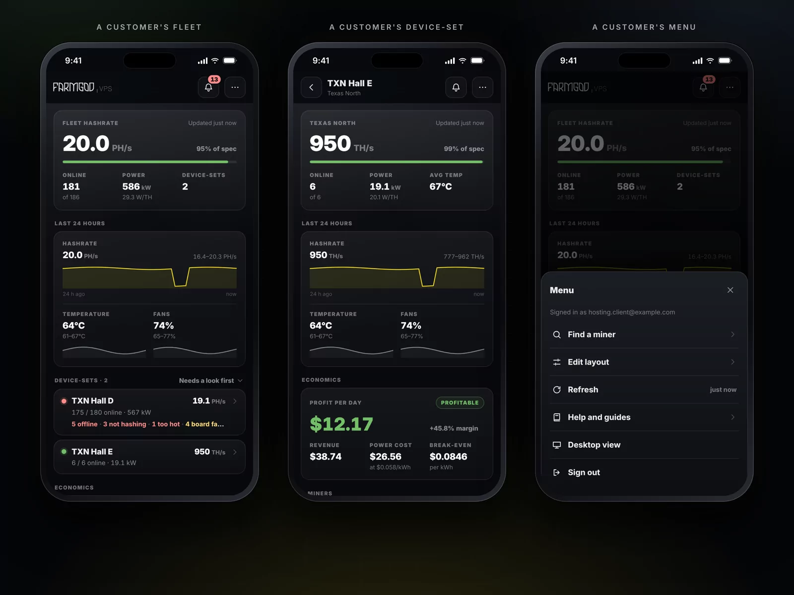 What a hosting customer sees: their own fleet, Device-Sets and menu