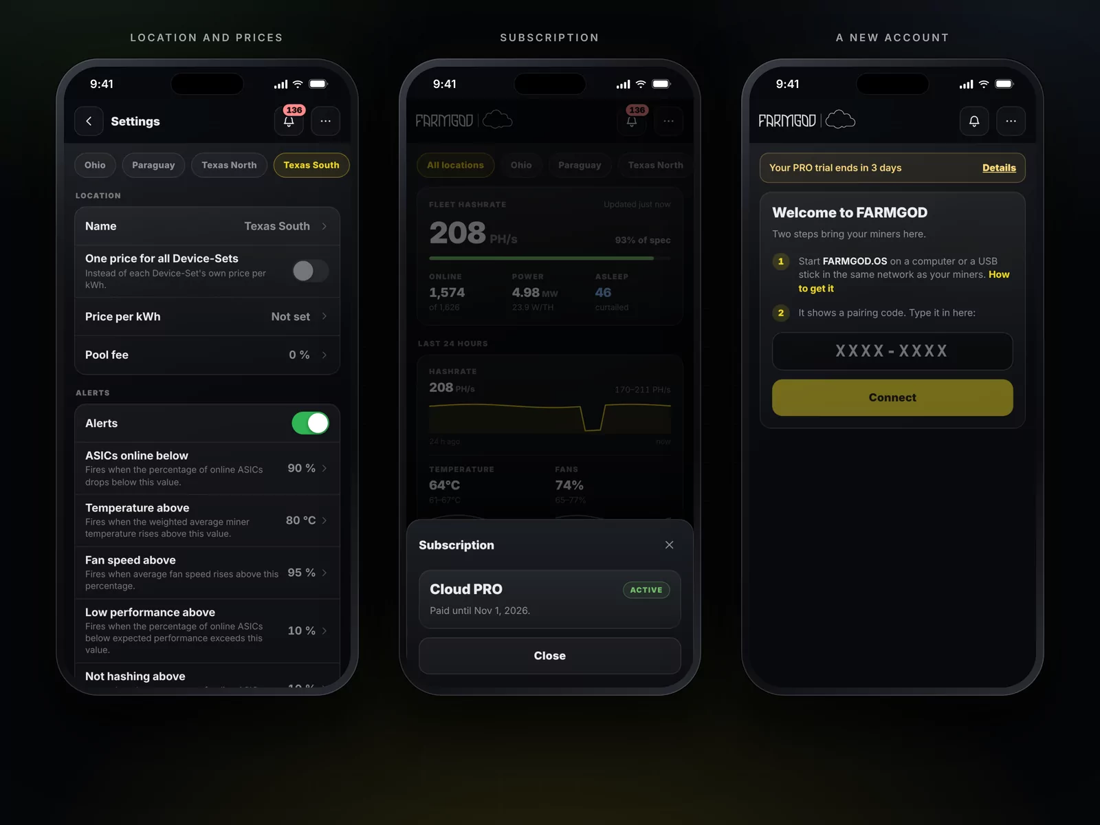 Settings per location, the subscription, and the start of a new account