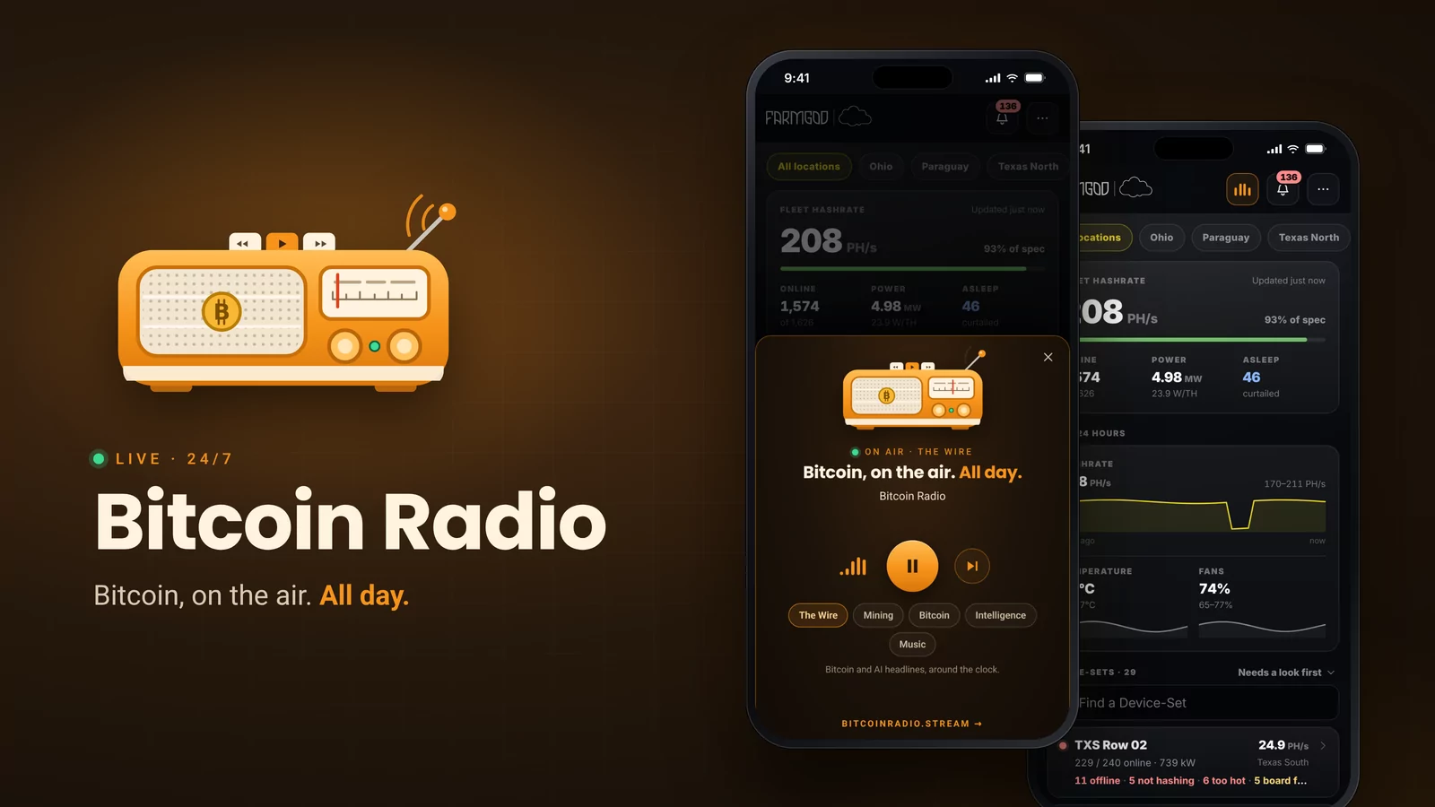 Bitcoin Radio in the phone view: the player, and on air while you look at your fleet