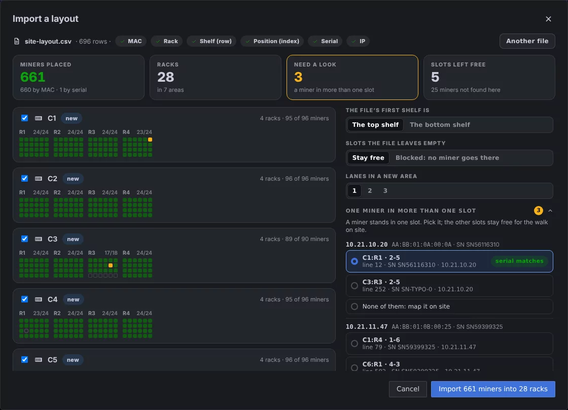 Import a layout: the whole site in the preview, before anything changes