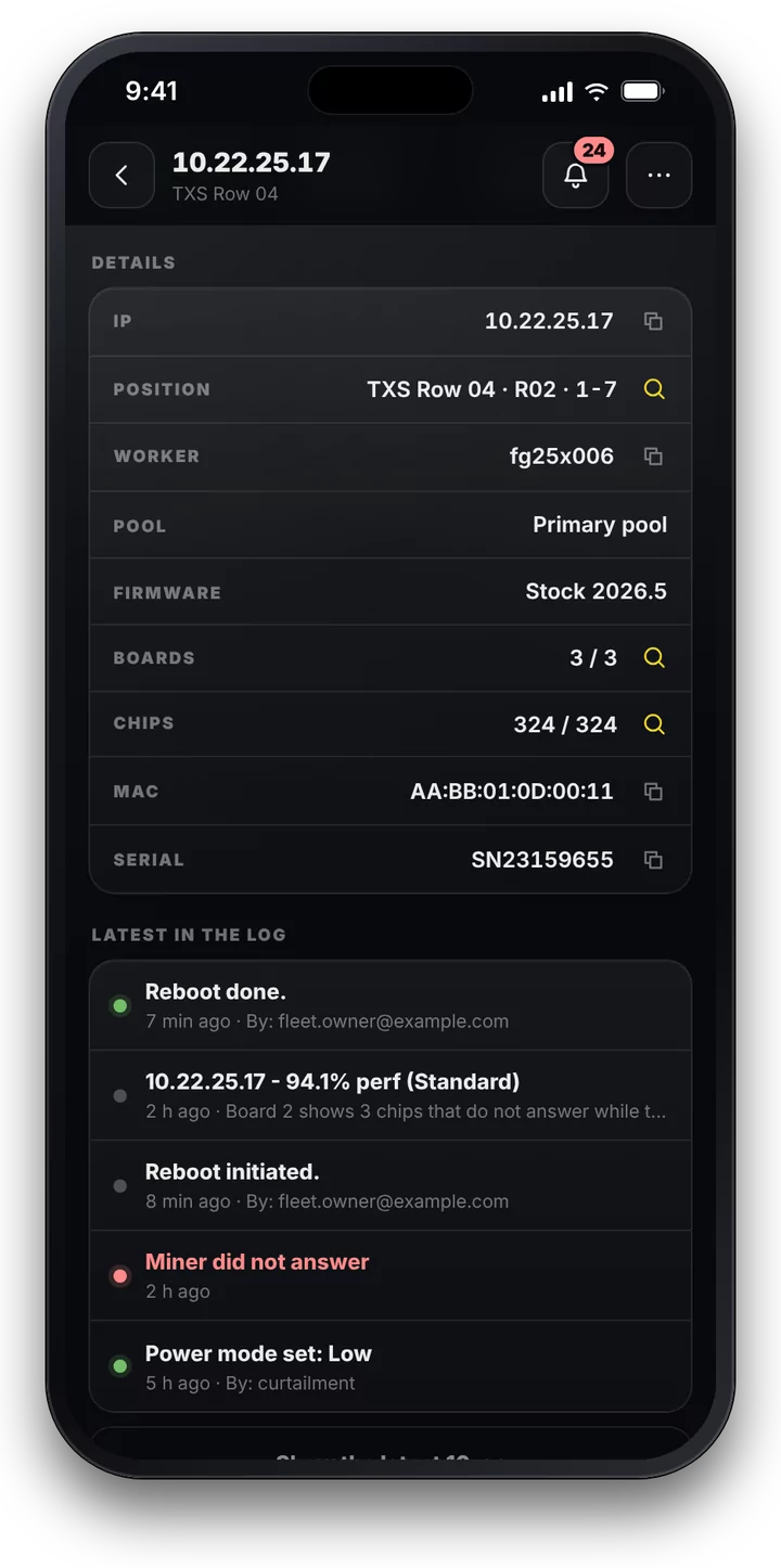 A miner's position on its page