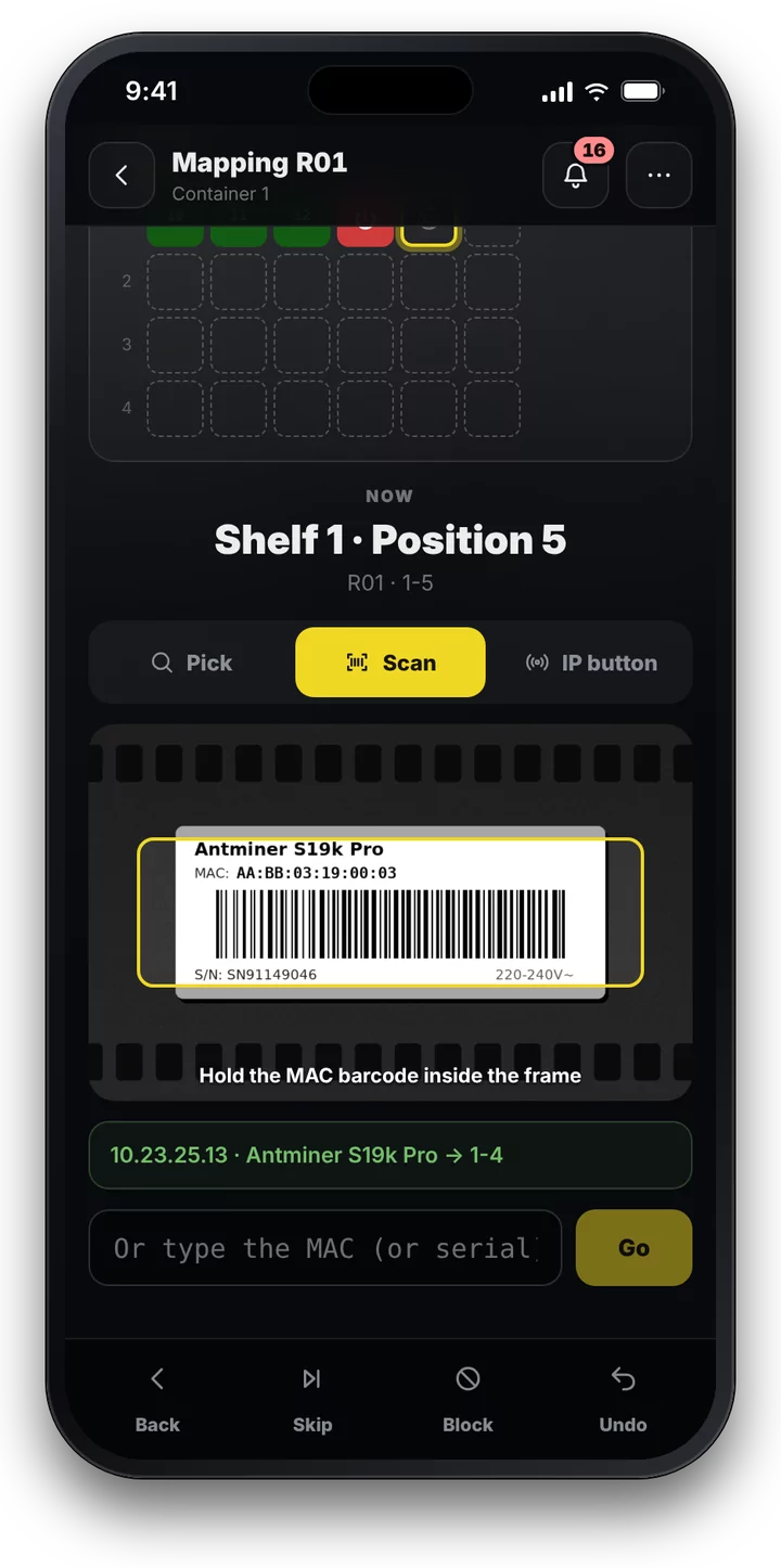 Scan: the MAC label read, the miner placed