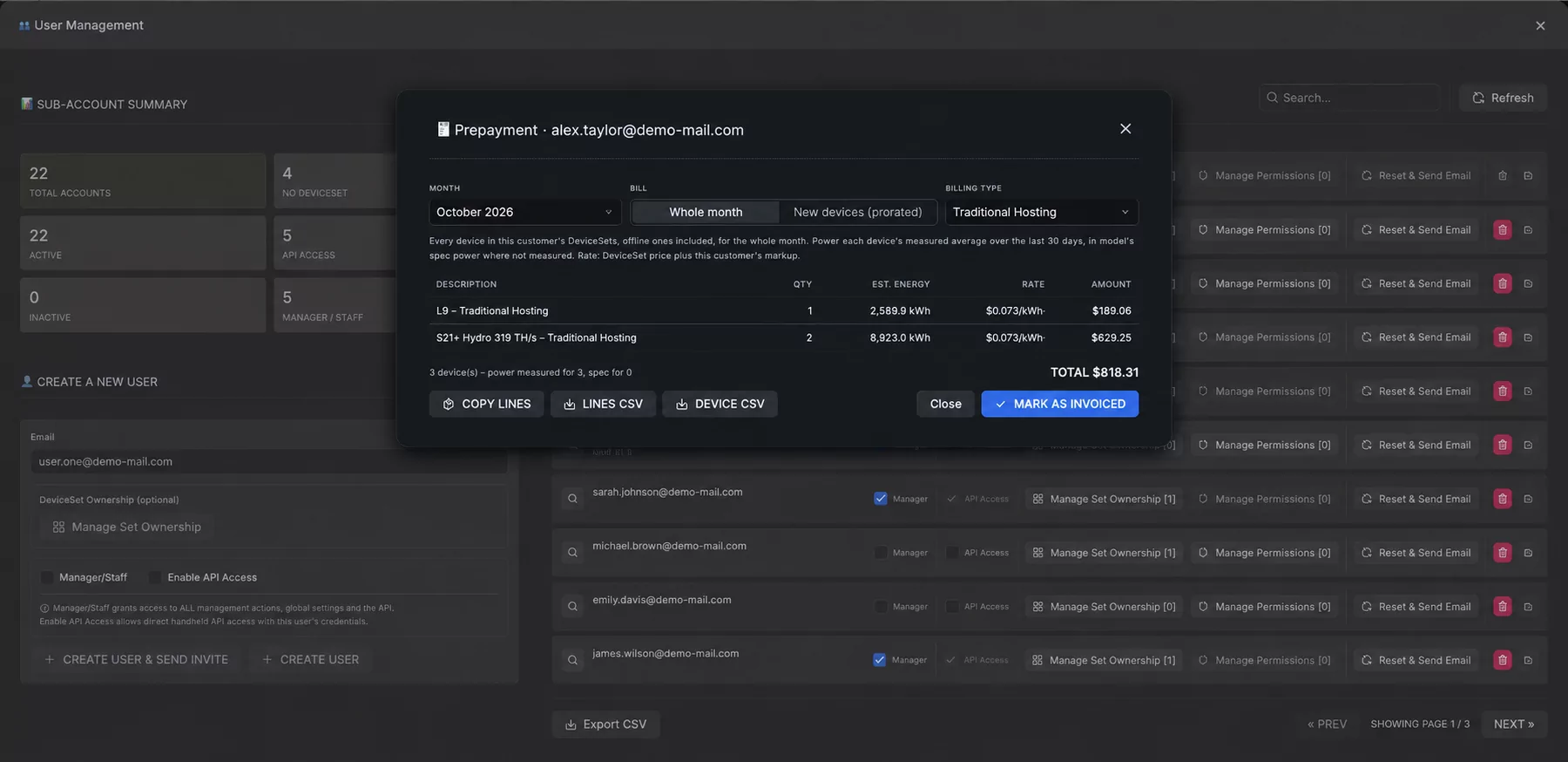 A hosting customer's prepayment, worked out per device